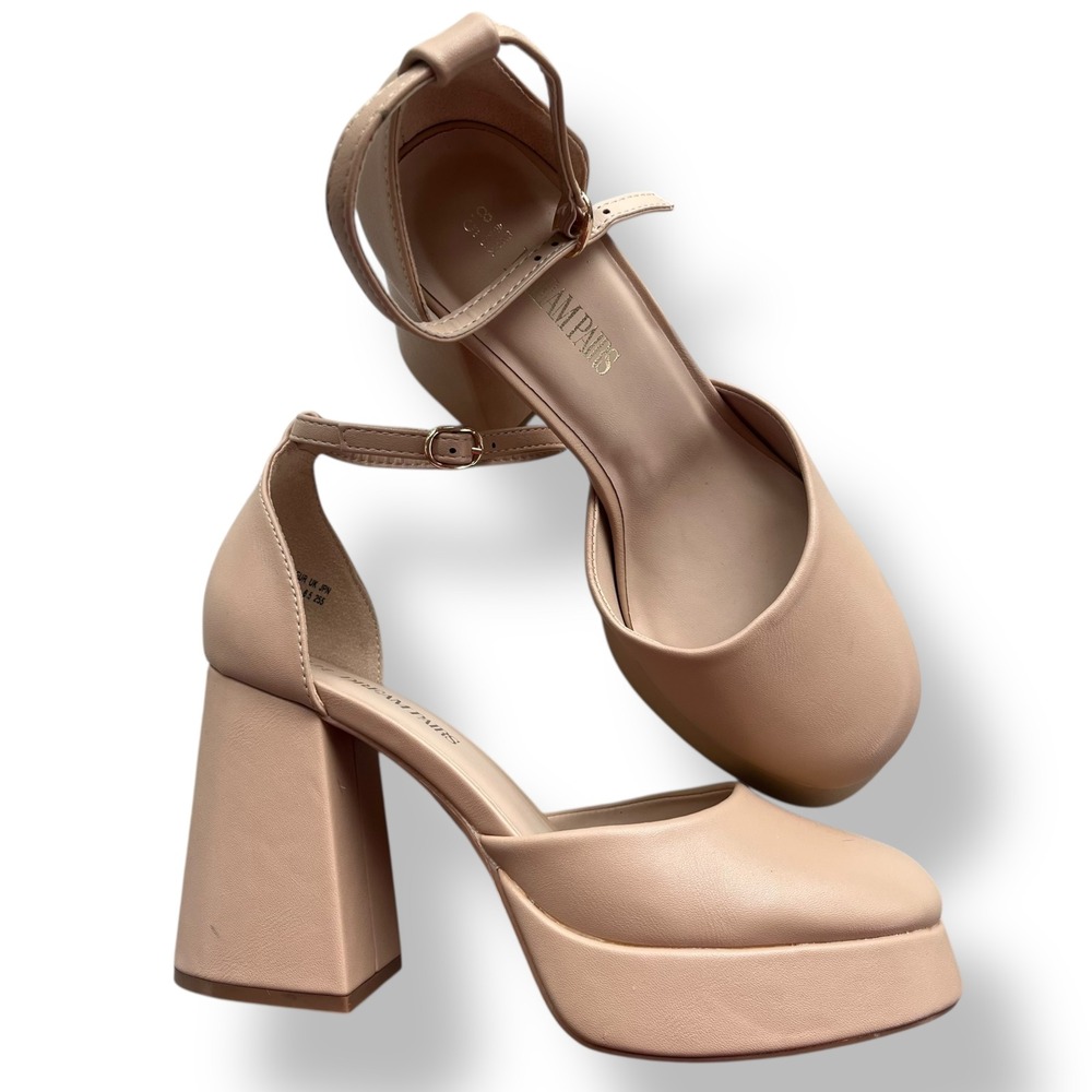 DREAM PAIRS Women Sz 8.5 Beige Platform Chunky Heels Ankle Strap Mary Jane Shoes